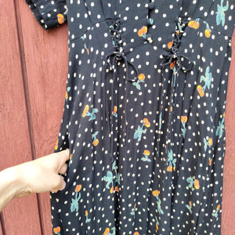 FREE PEOPLE | Polka Dot Cherry Print Midi Dress Lace-Up Corset Retro Mod 8 - Picture 5 of 15